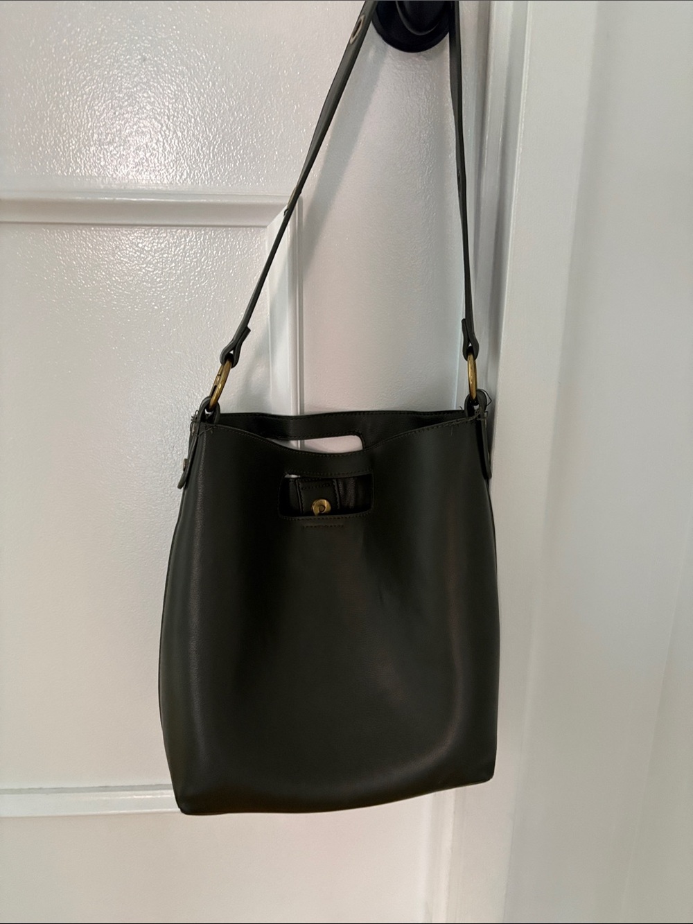 Madewell Dark Green Leather Tote Bag with Brass Accents